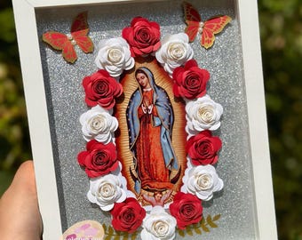 Maagd Maria Shadow Box Bloemenlijst, Virgen de Guadalupe, Religieus Frame, Virgencita con flores, Virgencita Decor, Cuadro de Virgencita