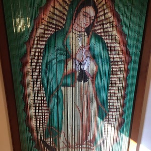 Handmade String Beaded Doorway Curtains Virgin Mary Our Lady Of Guadalupe Wooden Hanging Room Vintage Divider Painted Art