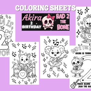 May include: A collection of black and white coloring sheets with a music theme. The sheets feature cartoon animals playing instruments, a skull with a bow, and the text "Akira is 2 Birthday Bad 2 The Bone".