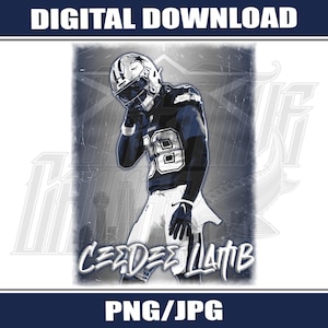 May include: Digital download graphic of a football player in navy and white. The image includes the text "DIGITAL DOWNLOAD" at the top and "PNG/JPG" at the bottom. The player's name, "CEE DEE LAMB", is also displayed in a stylized font.