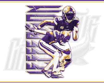May include: Digital download graphic featuring two football players in purple and gold uniforms. The word "VIKINGS" is stylized in the background. The words "DIGITAL DOWNLOAD" and "PNG/JPG" are also present.