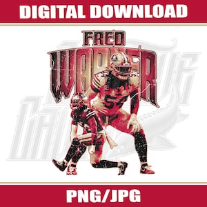 Puede incluir: Gráfico de descarga digital que presenta a un jugador de fútbol americano con uniforme rojo y dorado. La imagen incluye el texto "FRED WARNER" en un estilo desgastado, con las palabras "DESCARGA DIGITAL" y "PNG/JPG".