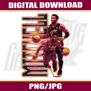 Puede incluir: Gráfico de descarga digital con dos jugadores de baloncesto con uniformes granate y negros, con el nombre "MITCHELL" en letras grandes y desgastadas. La imagen incluye balones de baloncesto y el texto "DESCARGA DIGITAL" y "PNG/JPG".