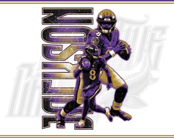 May include: Digital download graphic featuring two football players in purple and gold uniforms. The word "Jackson" is vertically stacked in a distressed font. The image includes the text "DIGITAL DOWNLOAD" and "PNG/JPG".