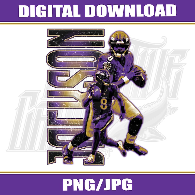 May include: Digital download graphic featuring two football players in purple and gold uniforms. The word "Jackson" is vertically stacked in a distressed font. The image includes the text "DIGITAL DOWNLOAD" and "PNG/JPG".