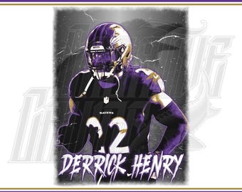 May include: Digital download featuring a stylized illustration of a football player in a purple and black uniform. The image includes the text "DIGITAL DOWNLOAD", the player's name "Derrick Henry", and the team name "Ravens". The image is available in PNG/JPG formats.