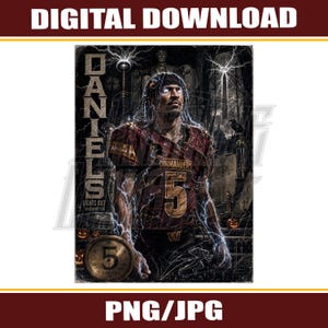 May include: A digital graphic featuring a football player wearing a burgundy jersey with the number 5 and the text COMMANDERS. The background includes lightning, the Washington Monument, and the text DANIELS LIGHTS OUT WASHINGTON with a circular 5 logo.