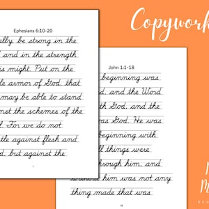 May include: A black and white printable worksheet with lined paper for practicing cursive handwriting. The worksheet includes two Bible verses: Ephesians 6:10-20 and John 1:1-18. The text "Copywork" is written in cursive at the top of the page. The text "Red Maple Resources" is written in cursive at the bottom of the page.