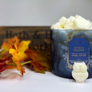 May include: A large, blue-tinted candle with the text "Sweater Weather" and a small, white owl-shaped wax melt. The candle is filled with white wax cubes. Autumn leaves in shades of red, orange, and yellow are in the foreground.
