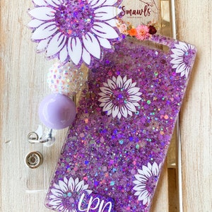 Purple Sunflower badge reel, badge buddy, nurse badge, ID holder, interchangeable badge reel personalized