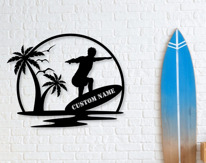 Custom Surfer Metal Wall Art, Personalized Surfer Name Sign, Beach Wall Art, Boys Surfing Room Art, Surfing Gifts, Surfboard Wall Art