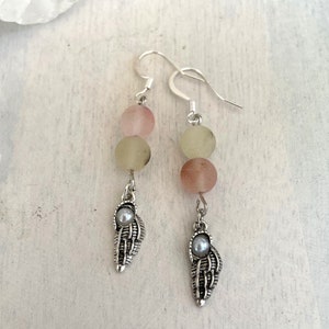 Mermaid Pearl-in-the-Shell Earrings - Silver Ear Wires w/ Cherry Quartz + Silver Tone Shell, Pretty Dangling Undersea Jewels!