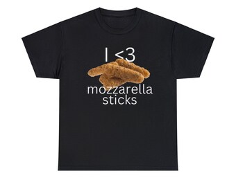 May include: Black t-shirt with white text that says "I <3 mozzarella sticks" and a picture of mozzarella sticks.