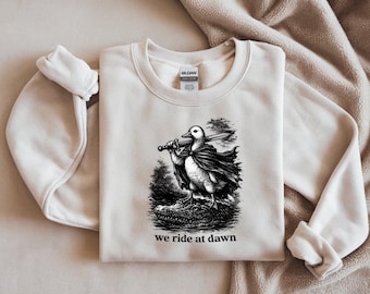 We Ride At Dawn Duck Warrior Shirt, Medieval Meme Crewneck, Vintage Animal Tee