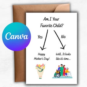 Cartão "Eu Sou Seu Filho Favorito", Cartão de Dia das Mães Editável Canva, Cartão de Dia das Mães "Rivalidade entre Irmãos", Cartão de Dia das Mães "Filho Favorito", Humor em Casa de Repouso