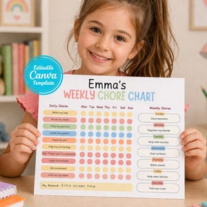 May include: A young girl holds a colorful chore chart labeled "Emma's Weekly Chore Chart." The chart includes daily and weekly tasks with check boxes. A pink star-shaped pencil holder and a backpack are visible.