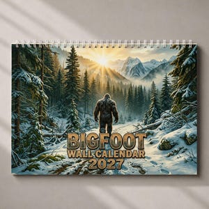 May include: A Bigfoot wall calendar for 2027, depicting a snowy forest scene with a large, hairy creature walking towards the viewer. The calendar has a spiral binding and the words "BIGFOOT WALL CALENDAR 2027".
