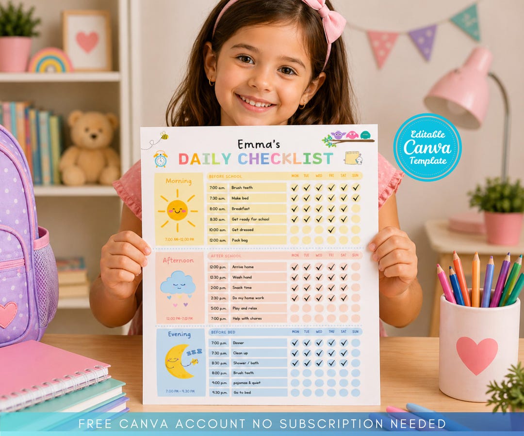 Editable Kids Daily Checklist | Printable Routine Chart | Morning ...