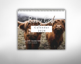 Calendário de parede com fotos de bezerros bebês para 2026, com imagens reais de vacas de fazenda, 12 meses, impresso nos EUA.