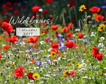 Wildflowers 2027 wandkalender, maandplanner met notities en feestdagen, gemaakt in de VS