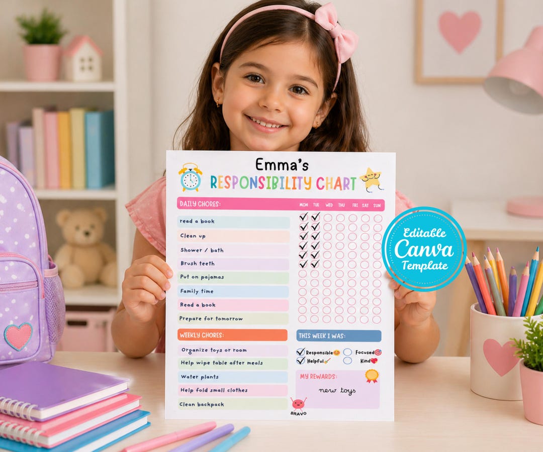 Editable Responsibility Chore Chart for Kids, Daily Routine Chart ...