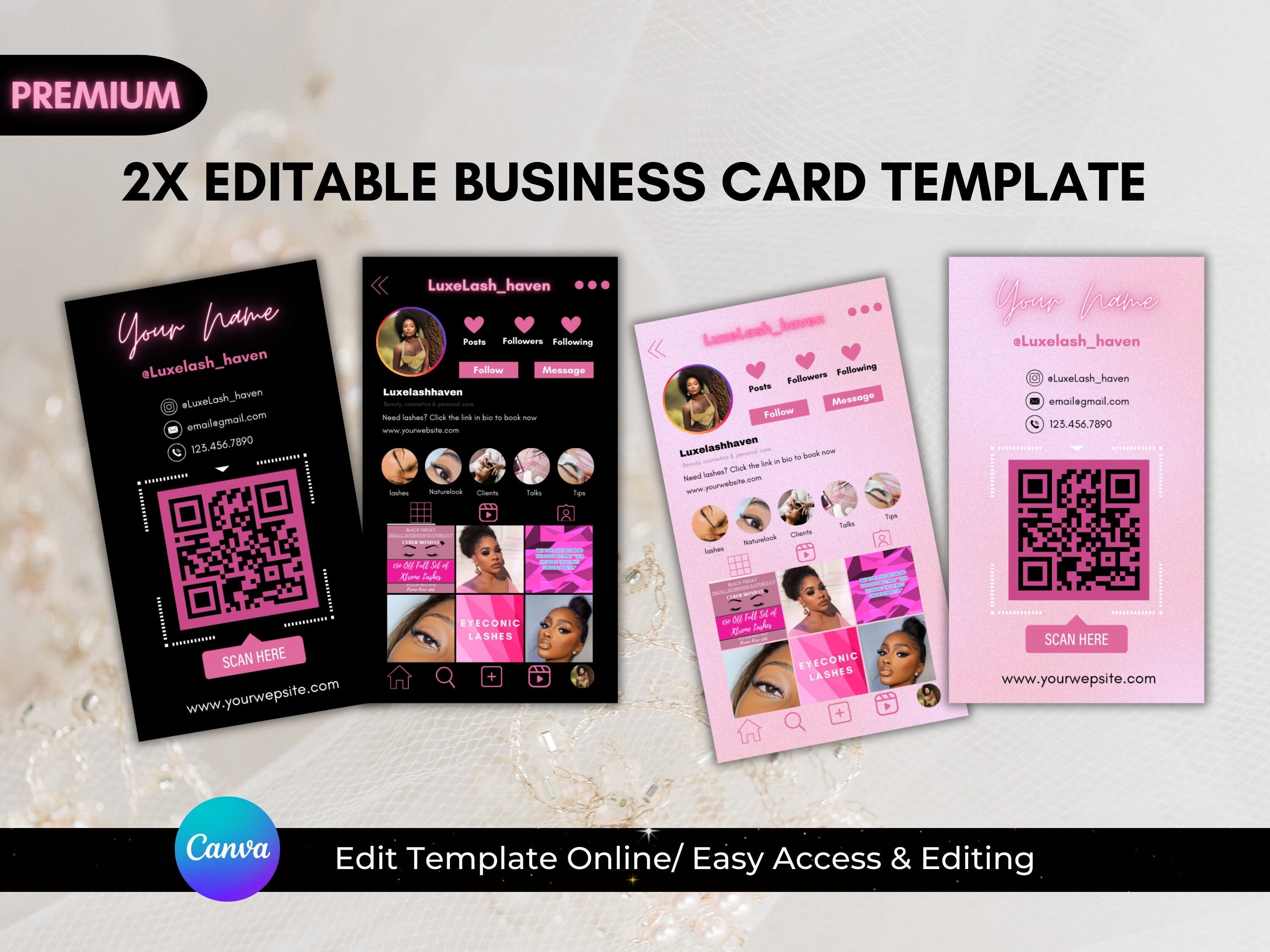 Instagram Business Cards, IG Business Card, Lash Tech Business Card,  DIY Canva Business Card Template,  Black And Pink Lash Card, QR code