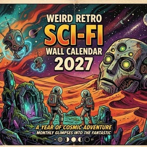 May include: A retro sci-fi wall calendar for 2027. The illustration features a cosmic landscape with astronauts, planets, and a giant robot head. The text reads "WEIRD RETRO SCI-FI WALL CALENDAR 2027" and "A YEAR OF COSMIC ADVENTURE MONTHLY GLIMPSES INTO THE FANTASTIC."