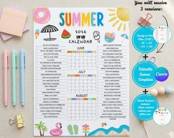 2026 Editable Summer Calendar Poster, Summer Fun Bucket List, Family Planner Checklist, Kids Summer Printable Instant Download