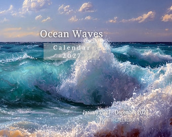Ocean Waves 2027 Wall Calendar, Monthly Planner with Notes & Holidays, Made in USA