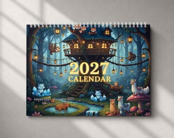 Op de natuur geïnspireerde wandkalender 2027, maandkalender, decor bos, berglandschap, VS gedrukt