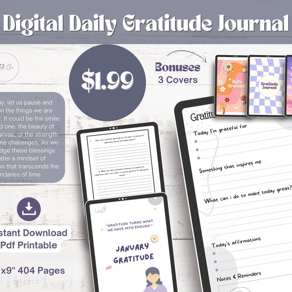 Digital Gratitude Writing Prompts Journal, Daily Gratitude Journal Printable, 365 Day Journal, 5 Minute Gratitude Journal