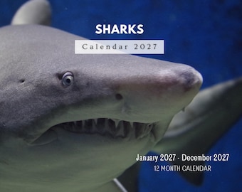 2027 Sharks Wall Calendar, Majestic Ocean Predators Monthly Planner with Notes and Holidays, USA Printed