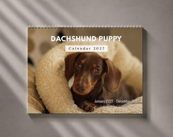Calendario de pared 2027 con cachorros de perro salchicha, planificador mensual con diseño de adorable perro salchicha, con notas y días festivos, impreso en EE. UU.