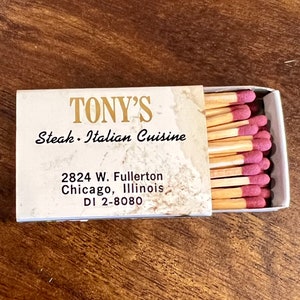 Vintage Chicago Matchbox - Vintage Restaurant Matches - Tony&#39;s Steak, Italian Restaurant, Chicago