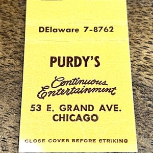 Vintage Chicago Matchbook (flat/empty) - Vintage Bar Matches - PURDY'S BAR, Chicago