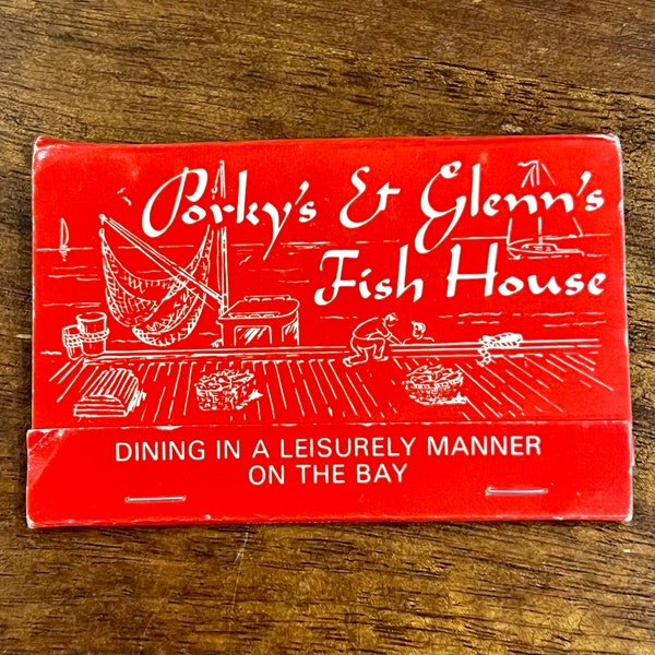 Vintage New York Matchbook - Vintage Restaurant, Bar Matches - PORKY'S & GLENN'S Fish House Seafood Restaurant, Bay Shore, New York