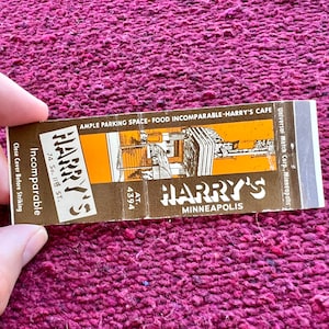 Vintage Minnesota Matchbook (flat/empty) - Vintage Restaurant Matches - Harry&#39;s Cafe, Minneapolis, MN