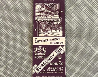 BURGUNDY INN, Lincoln Park, Chicago, Illinois - Vintage Chicago Matchbook (flat/empty), Chicagoland Restaurant Bar Matches