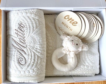 Personalized Baby Blanket Gift Box Ivory Blanket Gift Set Customized Baby Quilt Keepsake Box New Baby Name Blanket Gift Baby Milestone Discs