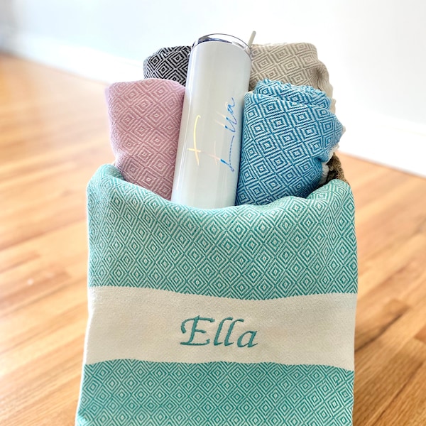 Personalized Bridesmaid Gift Set Personalized Towel Set Custom Gift Tumbler Gift Towel Set Bridesmaid Tumbler Custom Present Turkish Towel