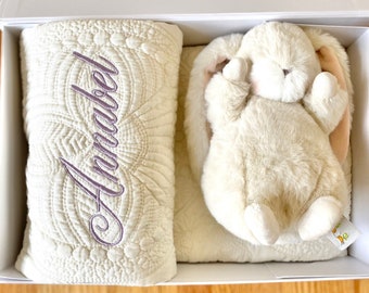 Personalized Baby Gift Set Blanket Gift Bunny Gift Baby Shower Present Name Gift Keepsake Quilt Embroidered Name Present New Baby Gift Box