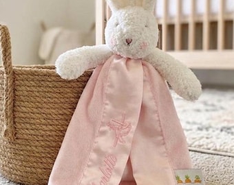 Embroidered Bunny Plush Security Blanket: Custom Name Keepsake First Gift for Baby