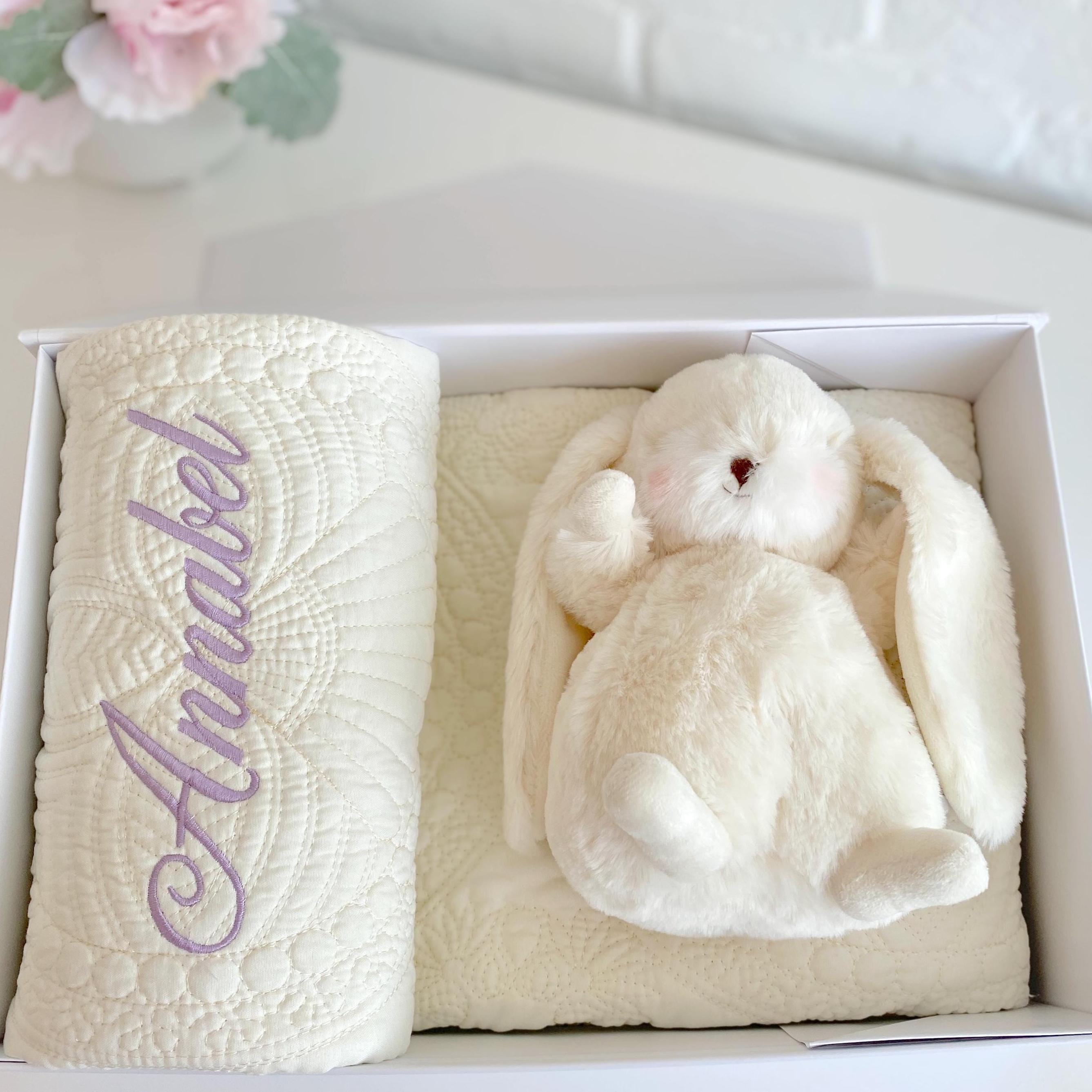 Personalized Baby Gift Set Blanket Gift Bunny Gift Baby Shower Present Name Gift Keepsake Quilt Embroidered Name Present New Baby Gift Box