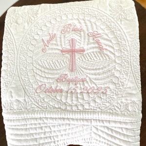 Heirloom Baptism Quilt for Baby Cross Blanket Embroidered with name and Baptism Date