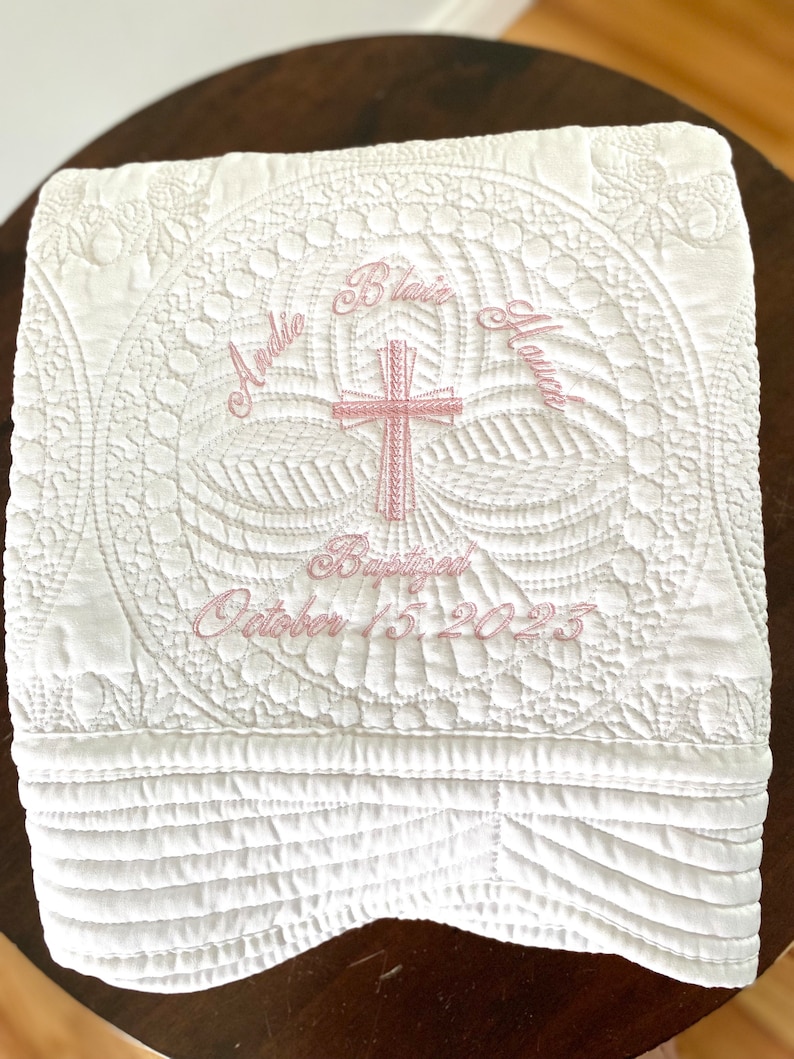 Heirloom Baptism Quilt for Baby Cross Blanket Embroidered with name and Baptism Date