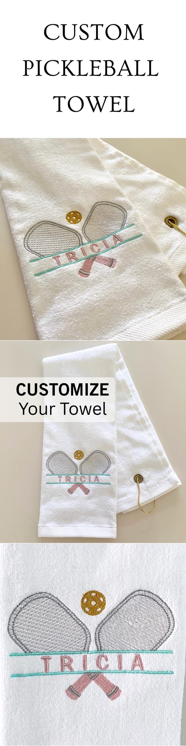 May include: White custom pickleball towel with embroidered pickleball paddles, ball, and the name "TRICIA" in pink. The towel has a loop for hanging and the text "CUSTOM PICKLEBALL TOWEL" is at the top.