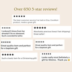 May include: Image featuring customer reviews with 5-star ratings. The text reads "Over 650 5-star reviews!" and includes positive feedback about product quality, customer service, and gift suitability. The reviews are displayed in white boxes.