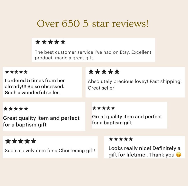 May include: Image featuring customer reviews with 5-star ratings. The text reads "Over 650 5-star reviews!" and includes positive feedback about product quality, customer service, and gift suitability. The reviews are displayed in white boxes.