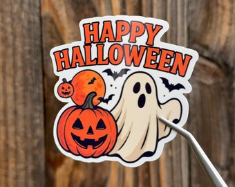 Sticker Halloween spook en pompoen: waterdichte vinyl laptopsticker