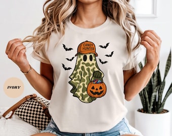 Camiseta de Halloween Candy Hunter, divertida camiseta con estampado de fantasma y camuflaje
